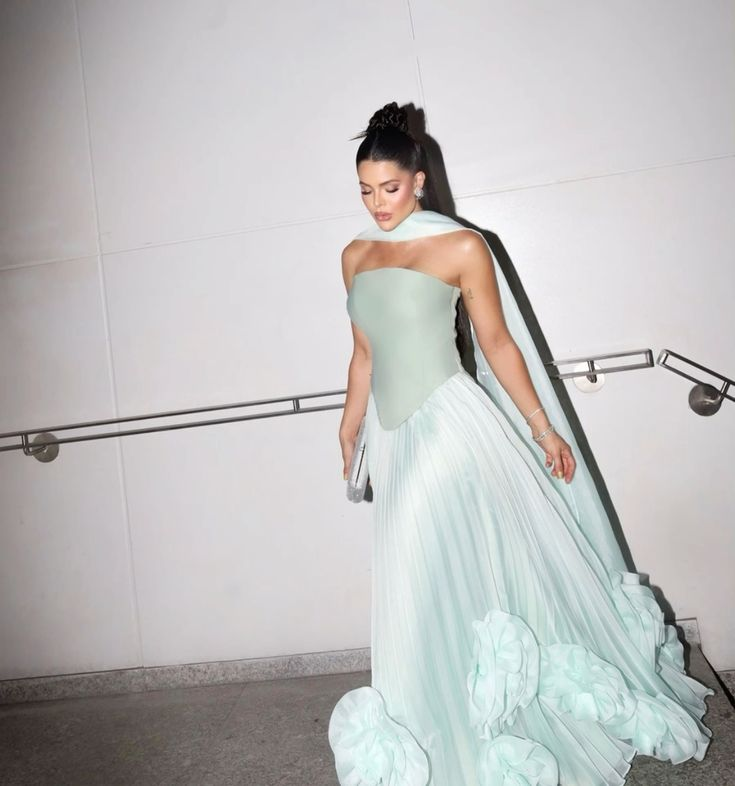 Classy Strapless Light Green Satin Tulle Pleated Long Prom Dress Birthday Party Dress With 3D Flowers