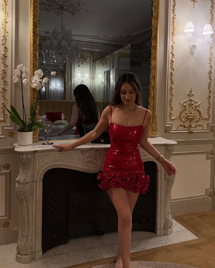 Classy Spaghetti Straps Red Sequin Sheath Homecoming Dress Short Prom Dress
