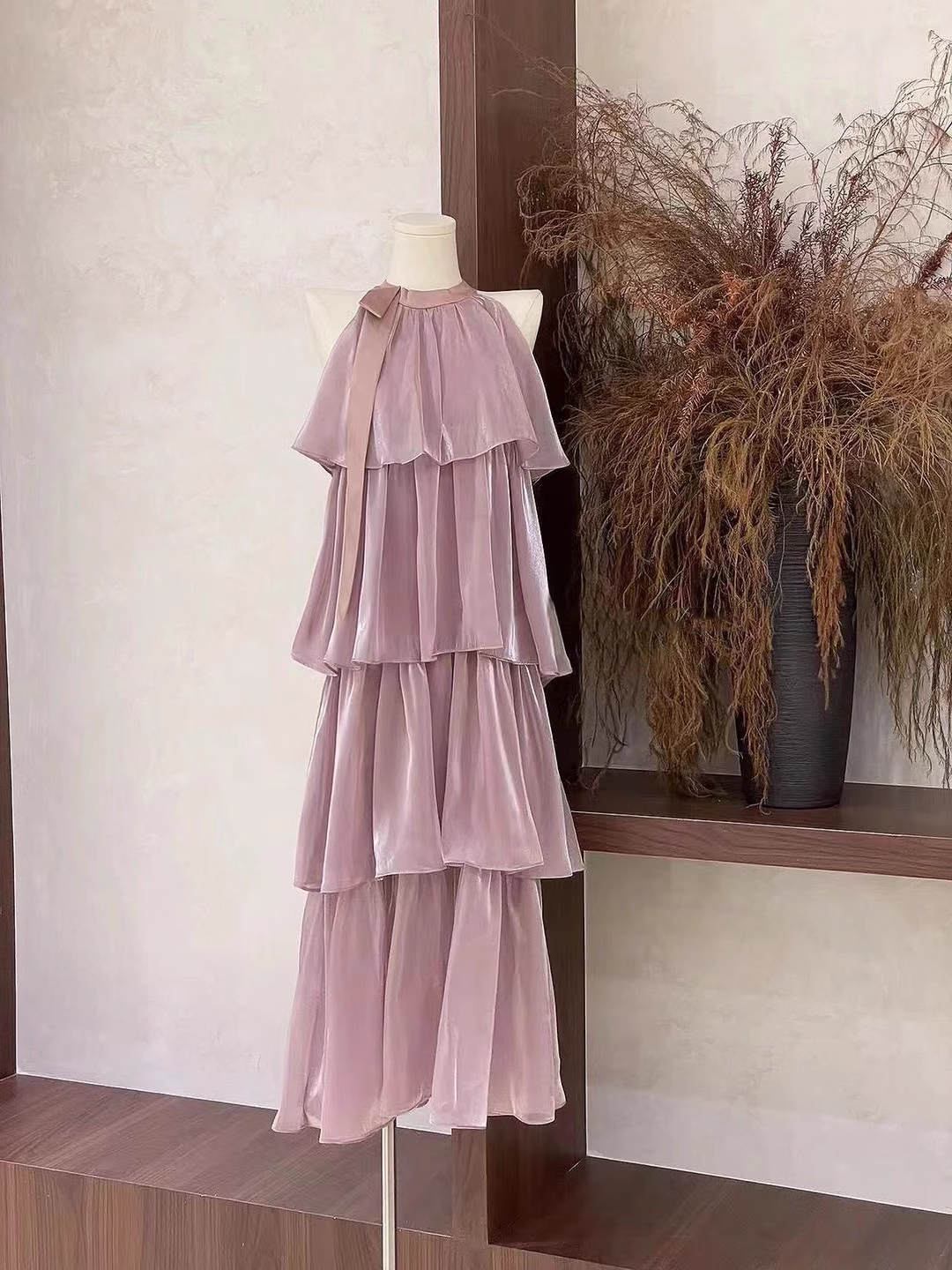 Cute A line Scoop Ruffled Rose Pink Long Women's Vacation Holiday Dresses
