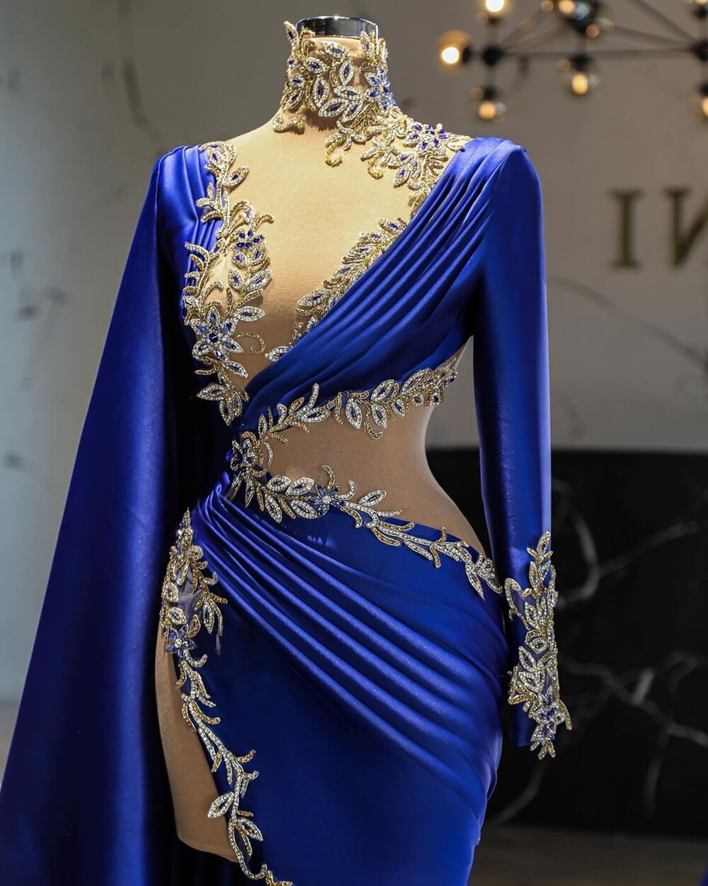 royal blue prom dresses, high neck prom dresses, Women Evening Dress Long Sleeve Blue Lace Appliques High Slit Arabic Style Prom Dress