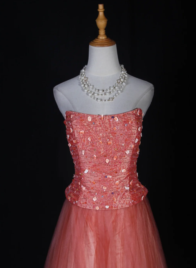 Sweet Strapless Tulle Beaded A Line Long Wedding Guest Dress Formal Birthday Evening Dress