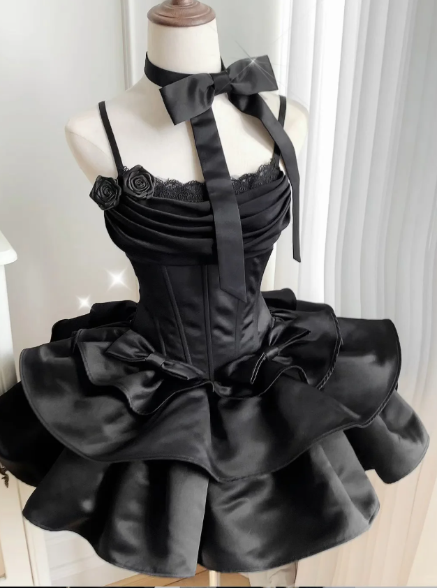 Elegant Black Spaghetti Straps Layered Short Birthday Party Dress 8th Grade Homecoming Dress