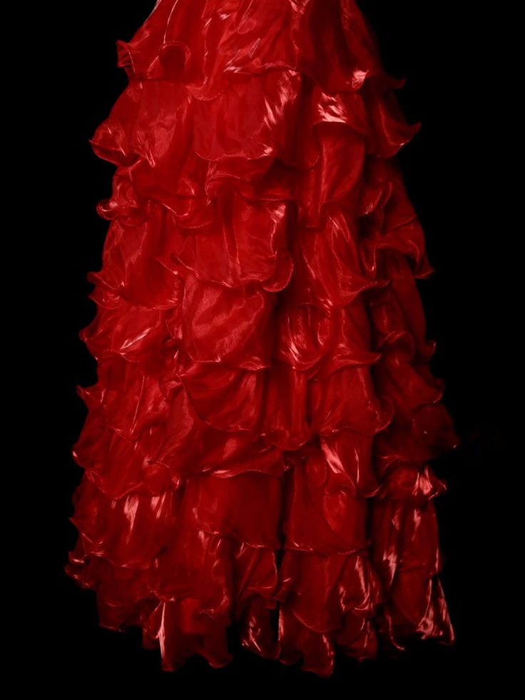 Gorgeous Red Halter V Neck Beaded Organza Pleated Layered Mermaid Long Evening Dress Prom Dress