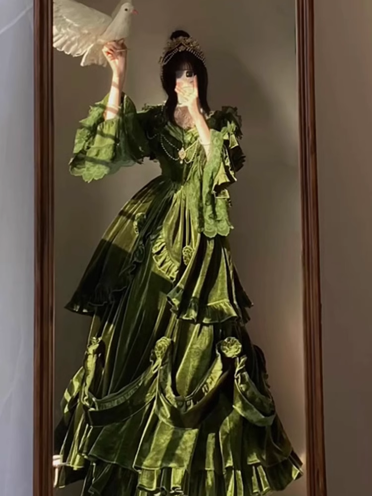 Chic Ball Gown Strapless Long Sleeves Floral Ruffles Green Prom Dresses Birthday Outfits