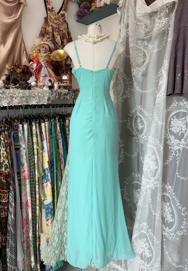 Classy Mint Green Spaghetti Straps Chiffon Beaded Mermaid Long Prom Dress Birthday Party Dress