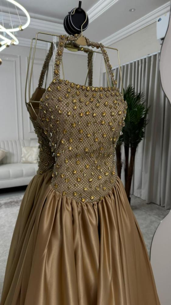 Luxurious Halter Satin Beaded Long Evening Dress Formal Birthday Party Dress