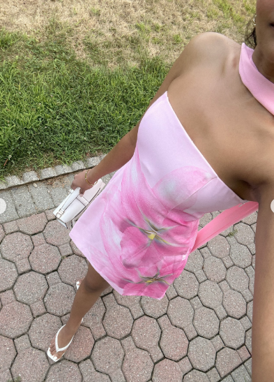 Classy Pink Strapless Satin Printed Floral Short Party Dress Formal Birthday Dress Homecoming Dress With Ribbon