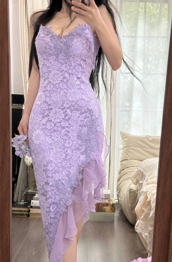Pretty Spaghetti Straps Lavender V Neck Lace Chiffon Ruffles Long Party Dress Birthday Dress