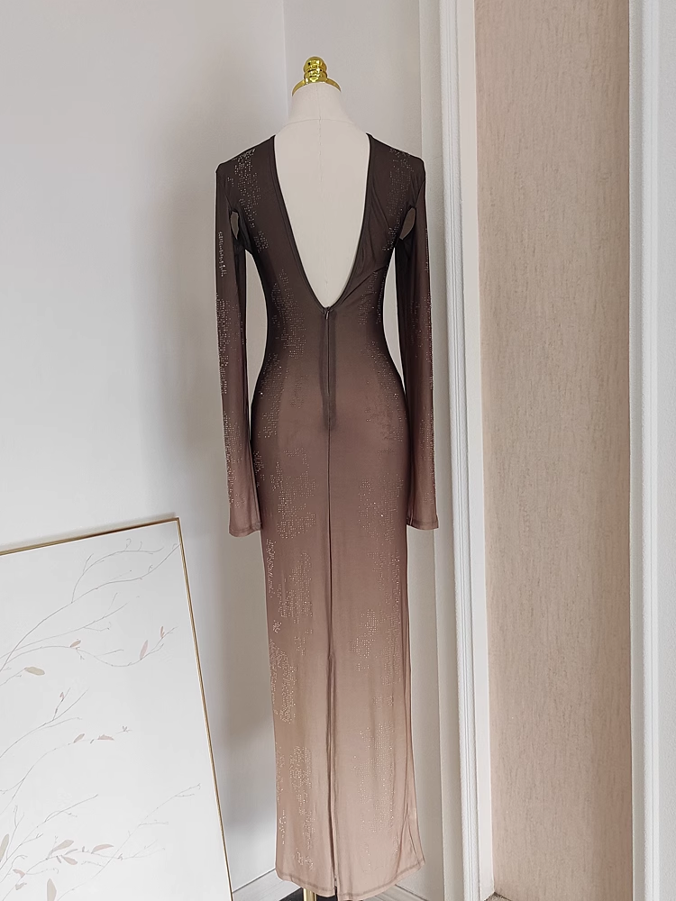 Sexy Sheath Scoop Long Sleeves Ombre Brown Party Dress Holiday Birthday Dresses For Women