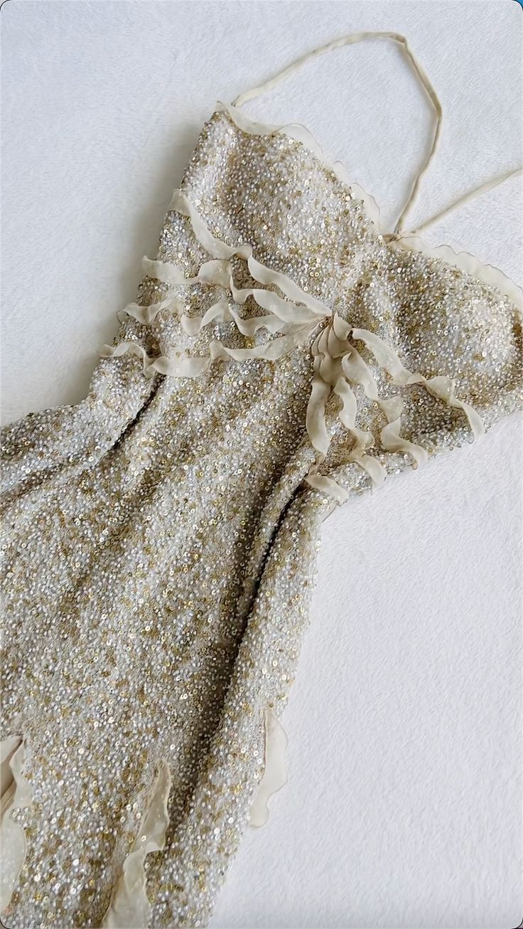 Vintage Sequin Beaded Long Evening Prom Dress Slit Ruffles Party Gown