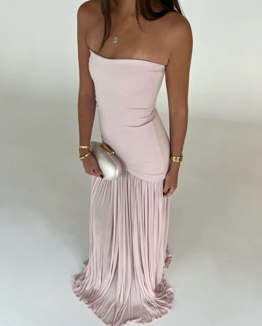 Beautiful Mermaid Strapless Neckline Pink Long Chiffon Party Dresses Prom Dress