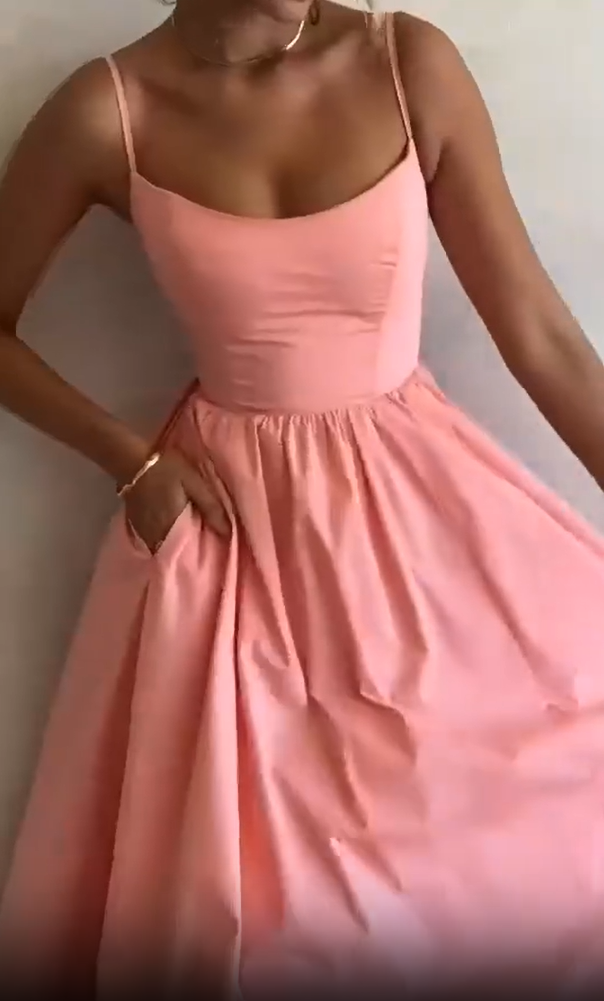 Pretty Spaghetti Straps Pink Satin Prom Dress A Line Birthday Dress