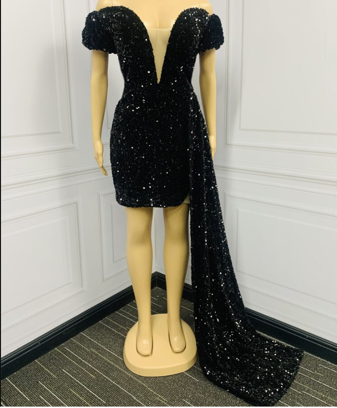 Women Black Sequins Prom Dresses Skirt Black Girl Formal Party Cocktail Homecoming Dress Robe De Princess