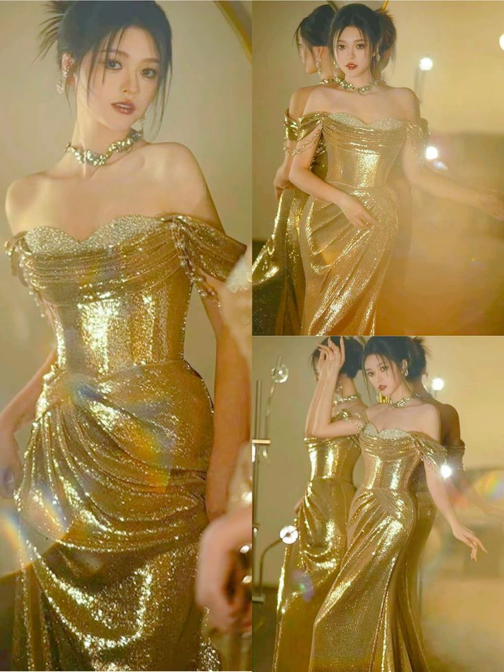 Beautiful Gold Sequin Beaded Evening Dress Off The Shoulder Long Mermaid Prom Dress