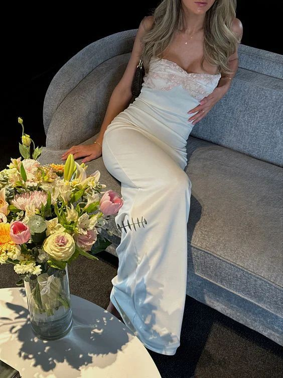 Elegant Strapless White Sheath Evening Dress Long Prom Party Dress