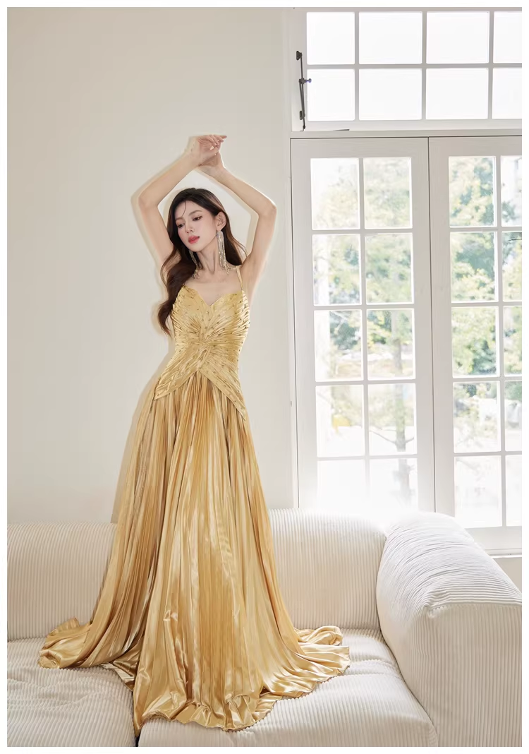 Gorgeous Spaghetti Straps Gold Satin Pleated Beaded A Line Long Evening Dress Birthday Dress