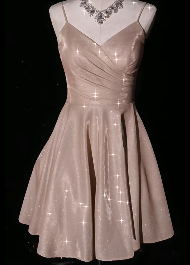 Charming Blush Pink Spaghetti Straps V Neck Satin A Line Short Homecoming Dress Cocktail Dress