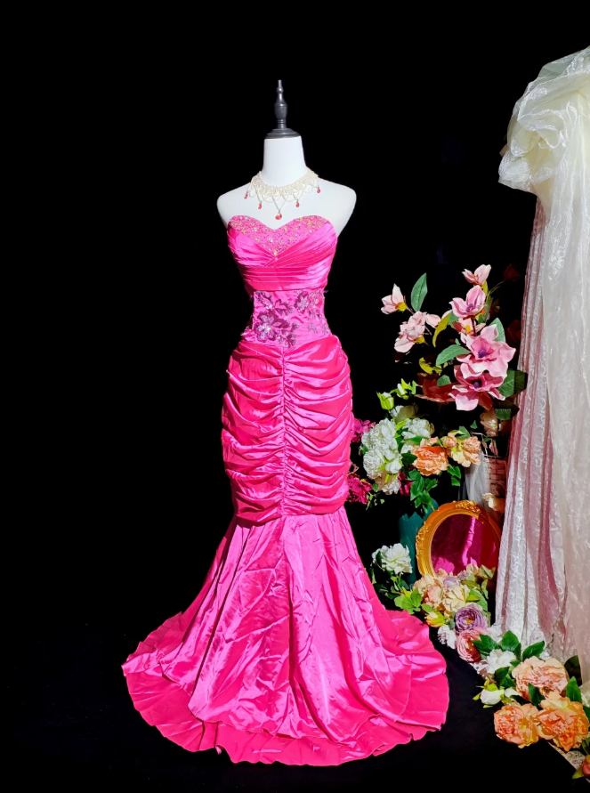 Sexy Hot Pink Satin Beaded Mermaid Long Party Dress Formal Wedding Guest Dress