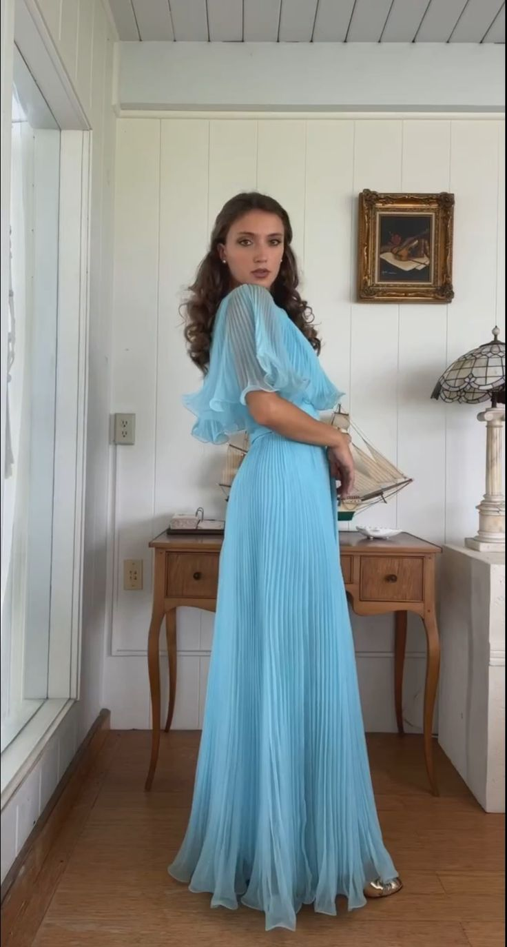 Elegant Blue Pleated A Line Prom Dress Formal Party Evening Dress