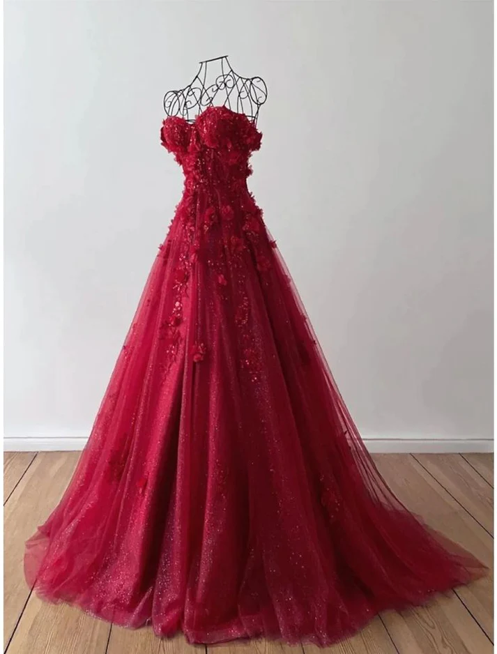 Retro Pink Off Shoulder Tulle Floral Party Dress Tulle Prom Dress Evening Dress