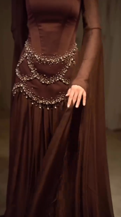 Gorgeous Brown Satin Chiffon Beaded Mermaid Prom Dress Long Party Gown