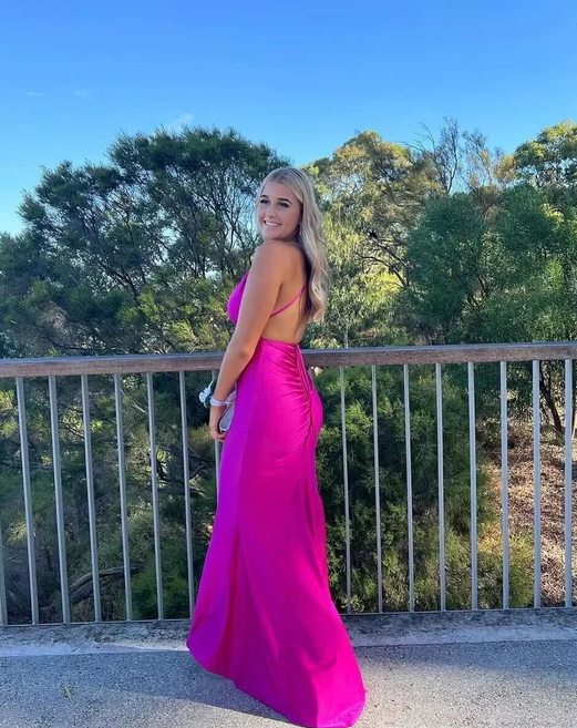Sexy V Neck Mermaid Backless Party Prom Dress,Hot Pink Long Evening Dress