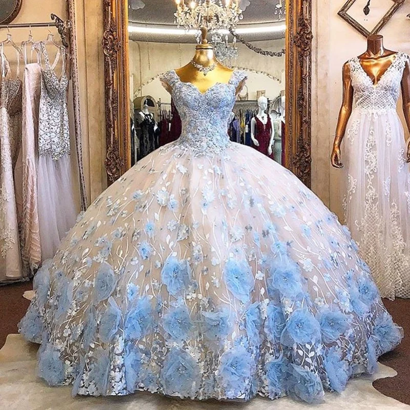 3D Flowers Sequined Quinceanera Dresses Sweet 16 Dress Light Sky Blue Flowers Ball Gown