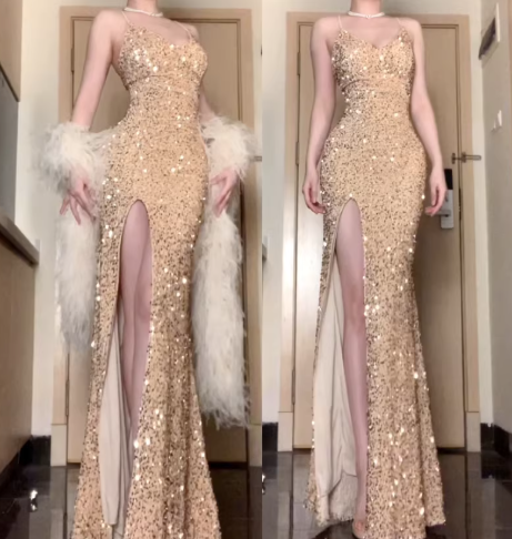 Sparkly Spaghetti Straps V Neck Blue Sequin Mermaid Slit Long Evening Dress Formal Wedding Guest Dress
