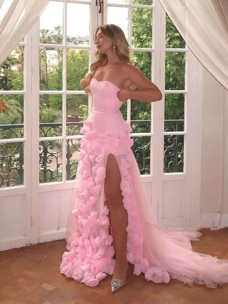 Beautiful Pink Strapless Tulle Rose Flowers Prom Dress Mermaid Slit Evening Dress Wedding Dress