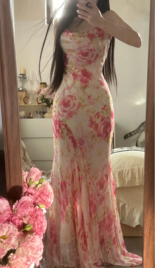 Fairy Spaghetti Straps Pink Chiffon Rose Floral Mermaid Long Party Dress 18th Birthday Outfits