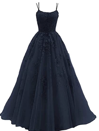 Green spaghetti strap prom dress, long tulle lace appliquéd women's party dress