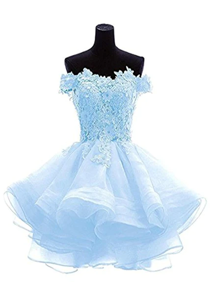 White sweetheart lace applique short cute white homecoming dress Off Shoulder Organza Short Lace Applique Teen Formal Dress