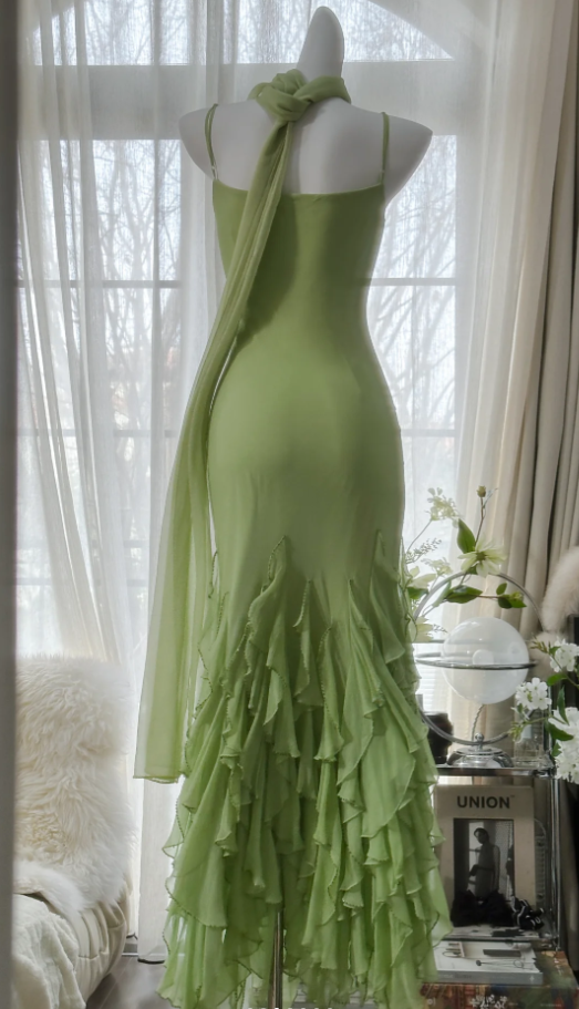 Beautiful Green Spaghetti Straps Chiffon Ruffles Mermaid Long Party Dress Birthday Prom Dresses
