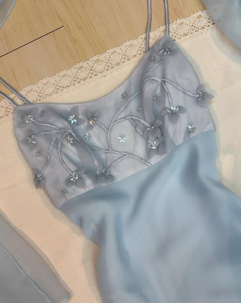 Pretty Light Blue Chiffon Applique Evening Dress,Straps Party Prom Gown