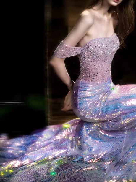 Glitter Sequins Beaded Mermaid Evening Dress,Lilac Off Shoulder Party Prom Dress