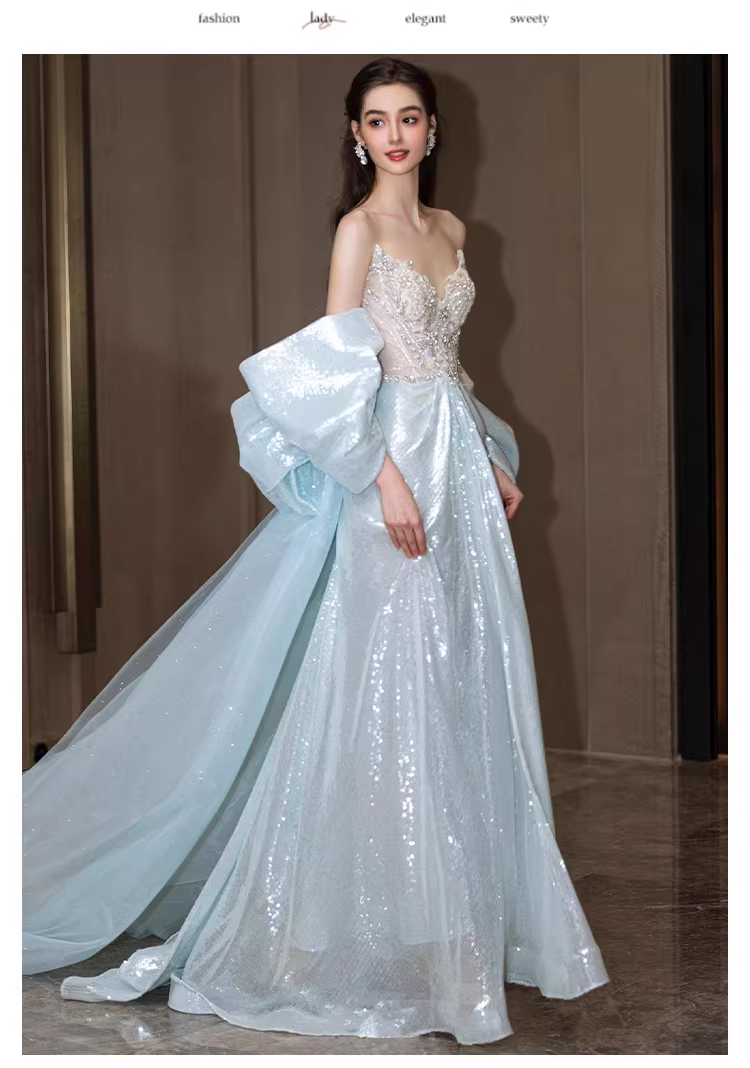 Glamorous Blue Strapless Tulle Sequin Beaded Mermaid Long Evening Dress Prom Dress