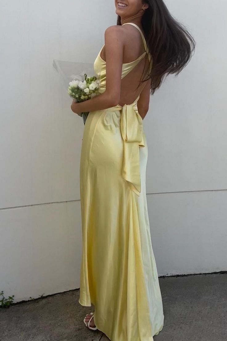 Sexy V Neck Yellow Satin Bow Back Party Dress Long Prom Evening Dress