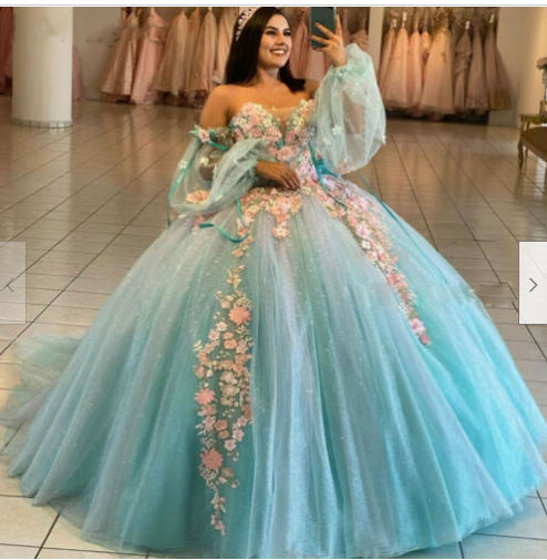 Blue Ball Gown Quinceanera Dresses Off Shoulder Long Sleeve Corset Sweep Train