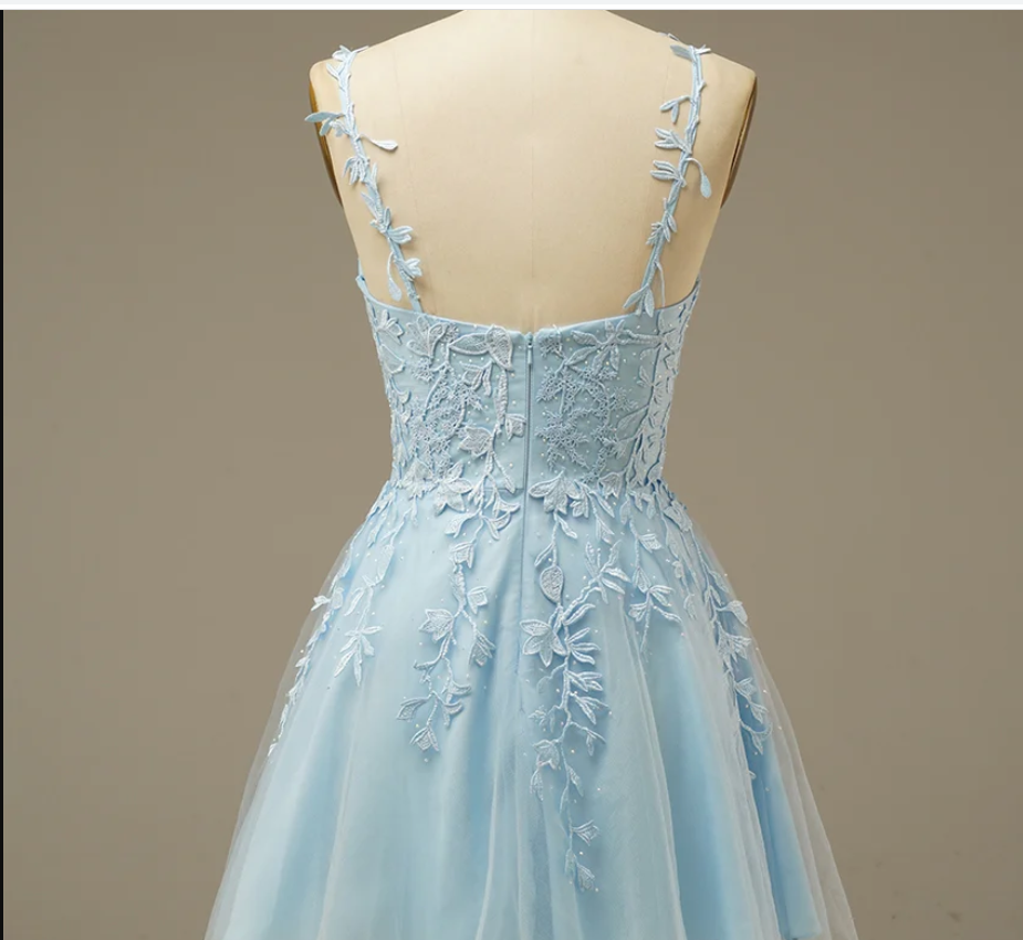 Light Blue Lace A-line Short Homecoming Dress