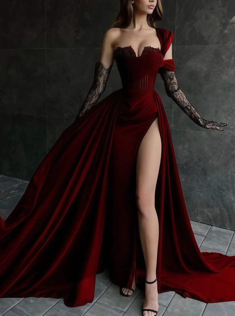 Sexy Burgundy Velvet Split Evening Prom Dress,Slit Party Dress With Gloves