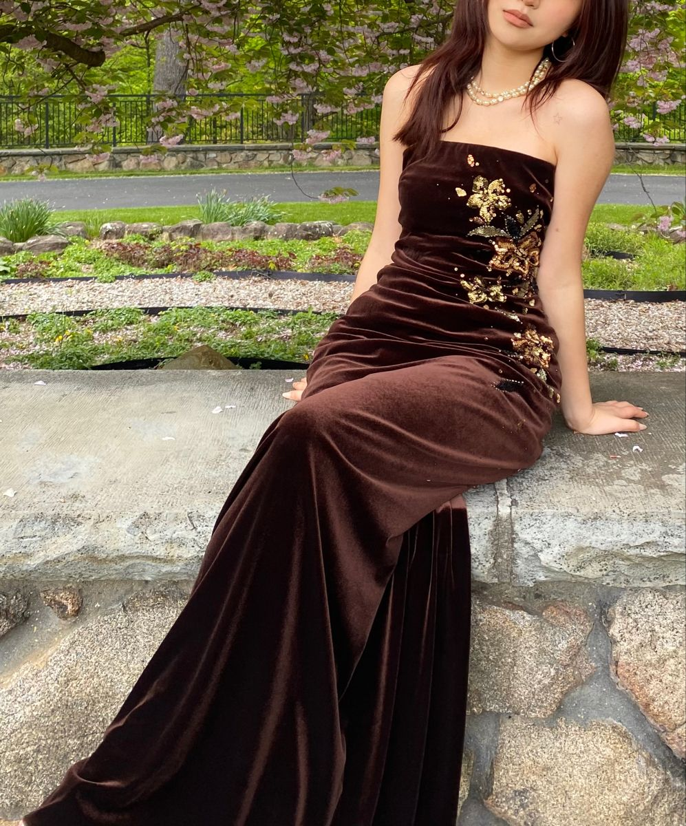 Vintage Strapless Brown Velvet Sequin Beaded Mermaid Party Dress Long Wedding Guest Dress