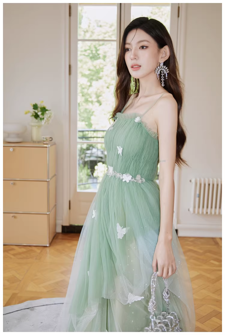 Fairy Green Tulle Sequin Butterfly Applique A Line Birthday Party Dress Evening Dress