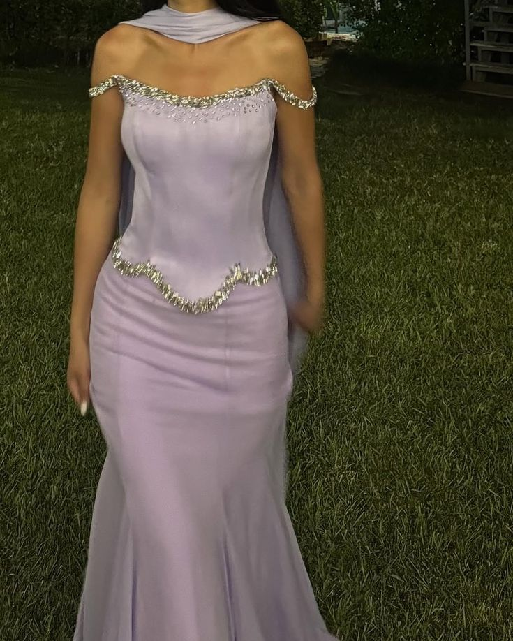 Classy Purple Satin Chiffon Beaded Mermaid Long Party Dress Formal Evening Dress With Ribbon