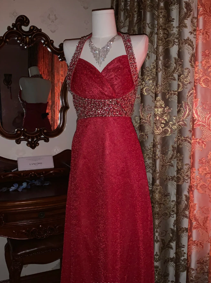 Glitter Halter Red Tulle Sequin Beaded A Line Long Party Dress Evening Dress