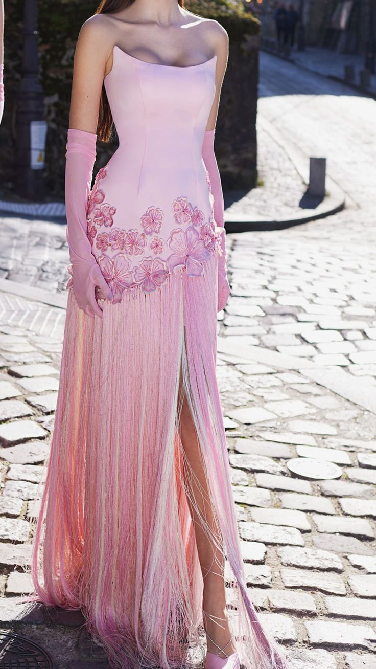 Pretty Pink Strapless Chiffon Appliques Tassel Long Prom Dress Party Dress With Gloves