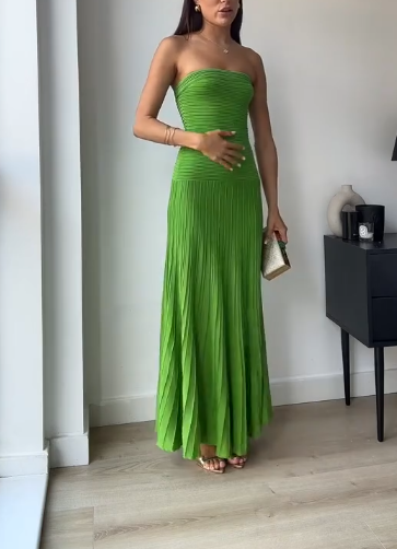 Sexy Green Strapless Satin Pleated Mermaid Long Wedding Guest Dress Birthday Prom Dress