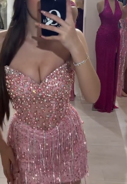 Gorgeous Strapless V Neck Sequin Beaded Sheath Cocktail Dress Pink Formal Graduation Homecoming Dress