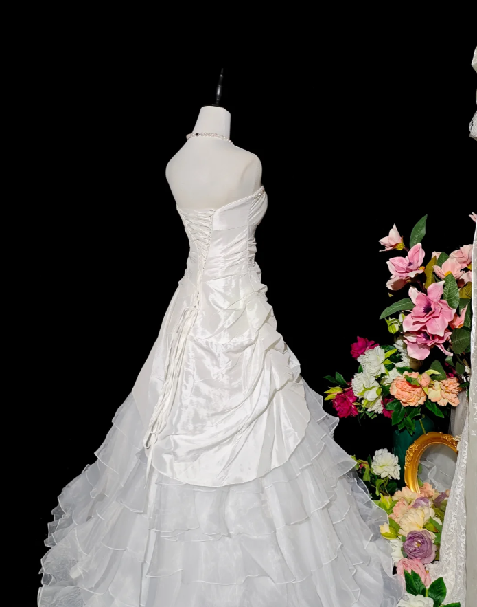 Pretty Strapless White Satin Tulle Beaded Ruffle Layered Mermaid Evening Dress Long Birthday Prom Dress