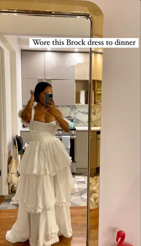 Elegant White Straps Ruffles Floor Length Prom Dress A Line Layered Party Evening Dress