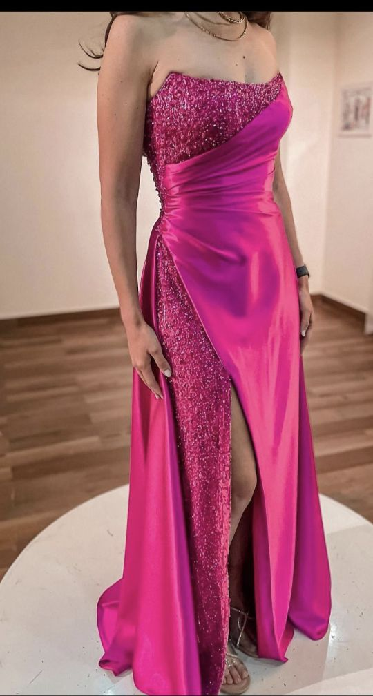 Elegant Strapless Hot Pink Satin Sequin Slit Mermaid Evening Dress Long Wedding Guest Dress